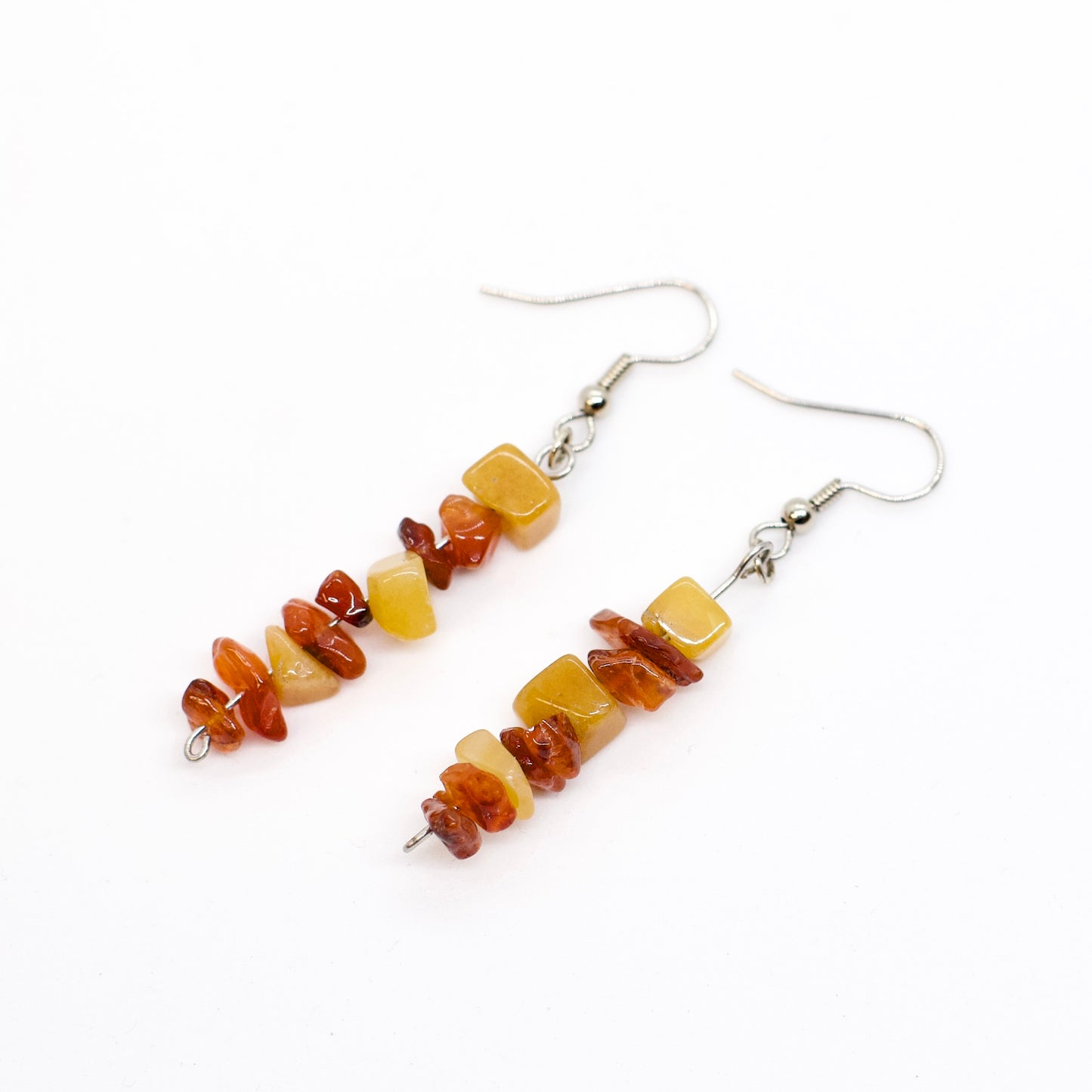 Carnelian and Yellow Aventurine Gemstone dangle Earrings on white background