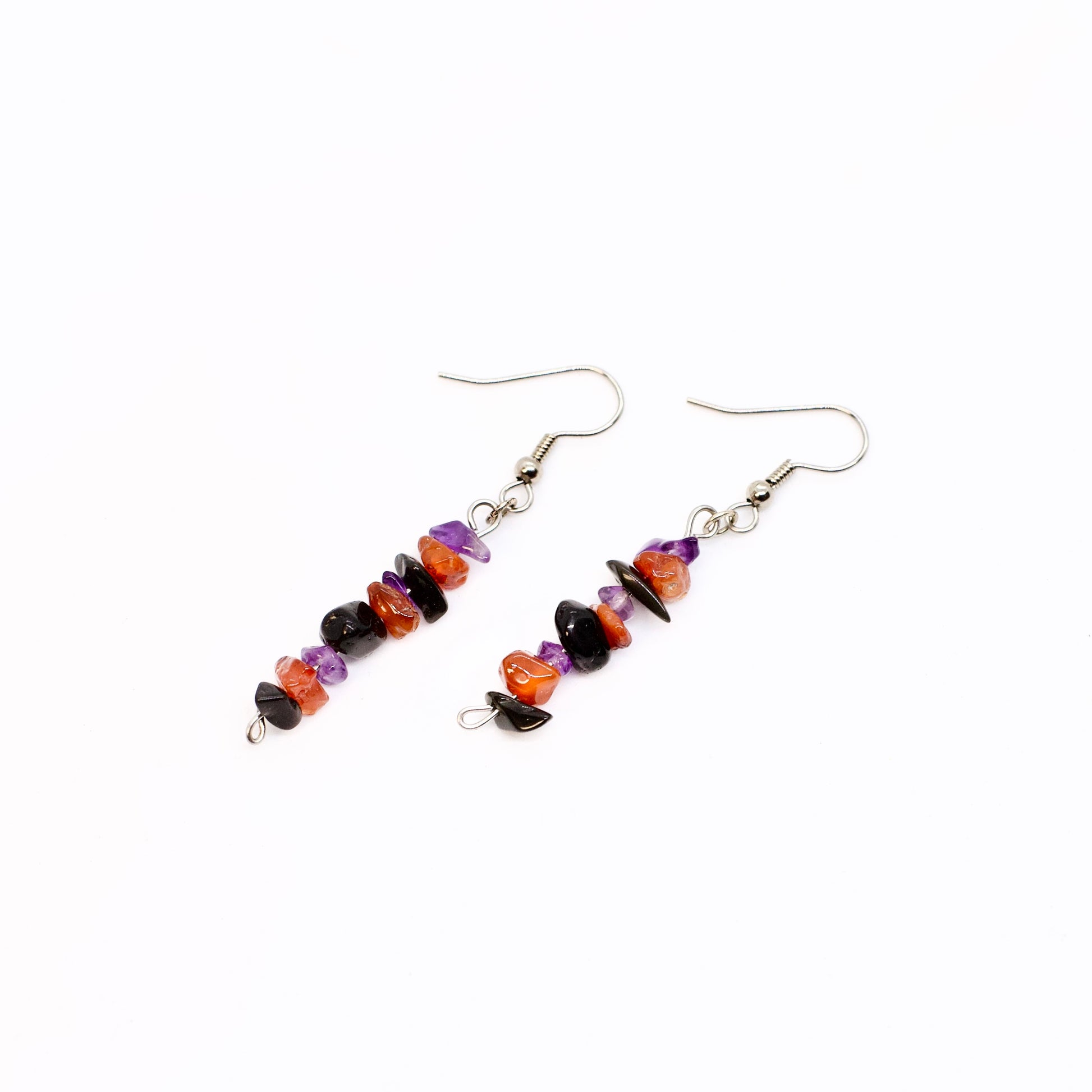 Amethyst Carnelian Obsidian gemstone dangle earrings on white background