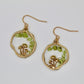 green gemstone earrings with gold mushrooms on white background