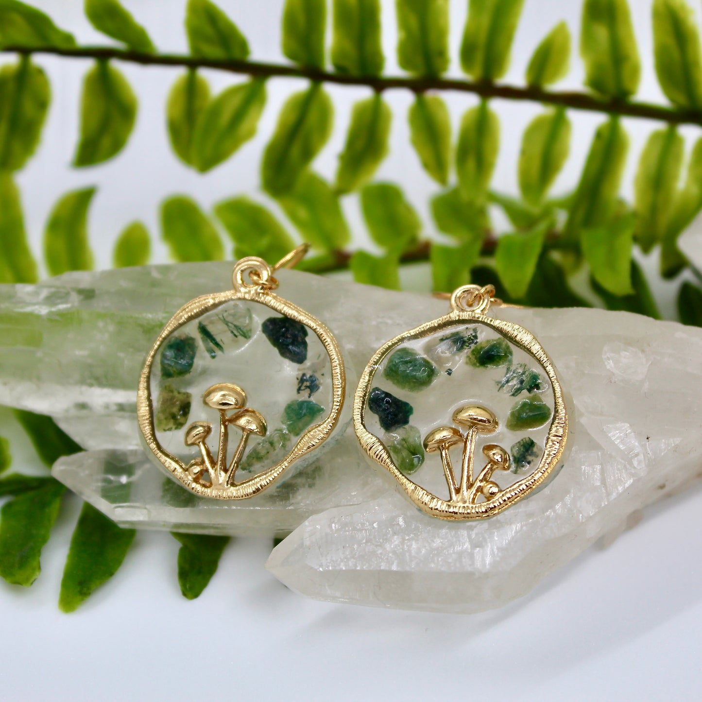 moss agate crystal chips inlayed in gold mushroom earrings
