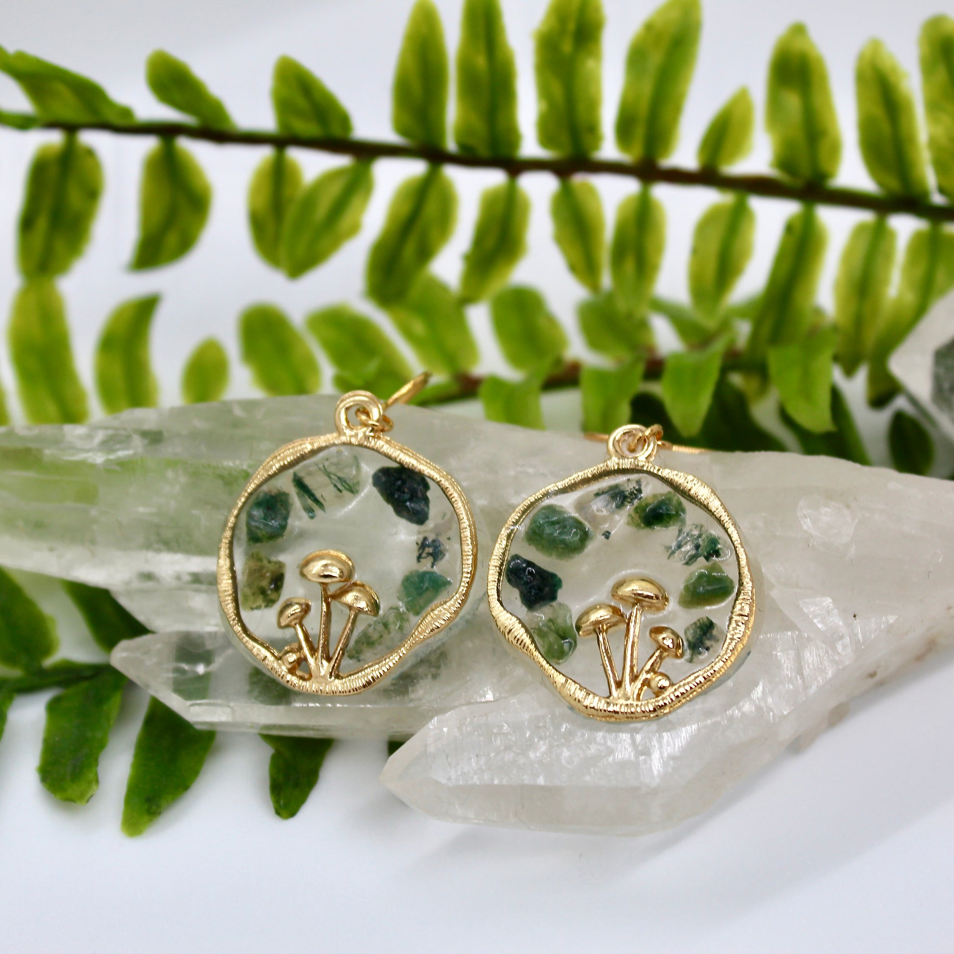 Gold mushroom earrings with moss agate gemstone chips 