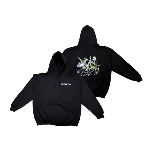 Black hoodie with green and white custom mushroom design 