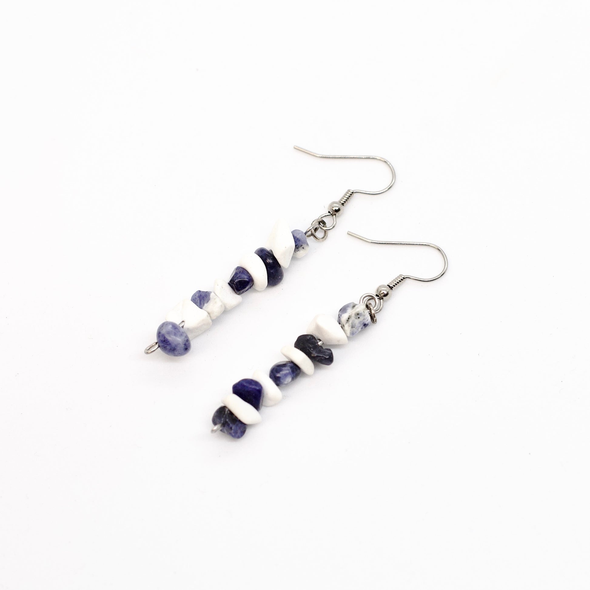 sodalite and howlite gemstone dangle earrings on white background