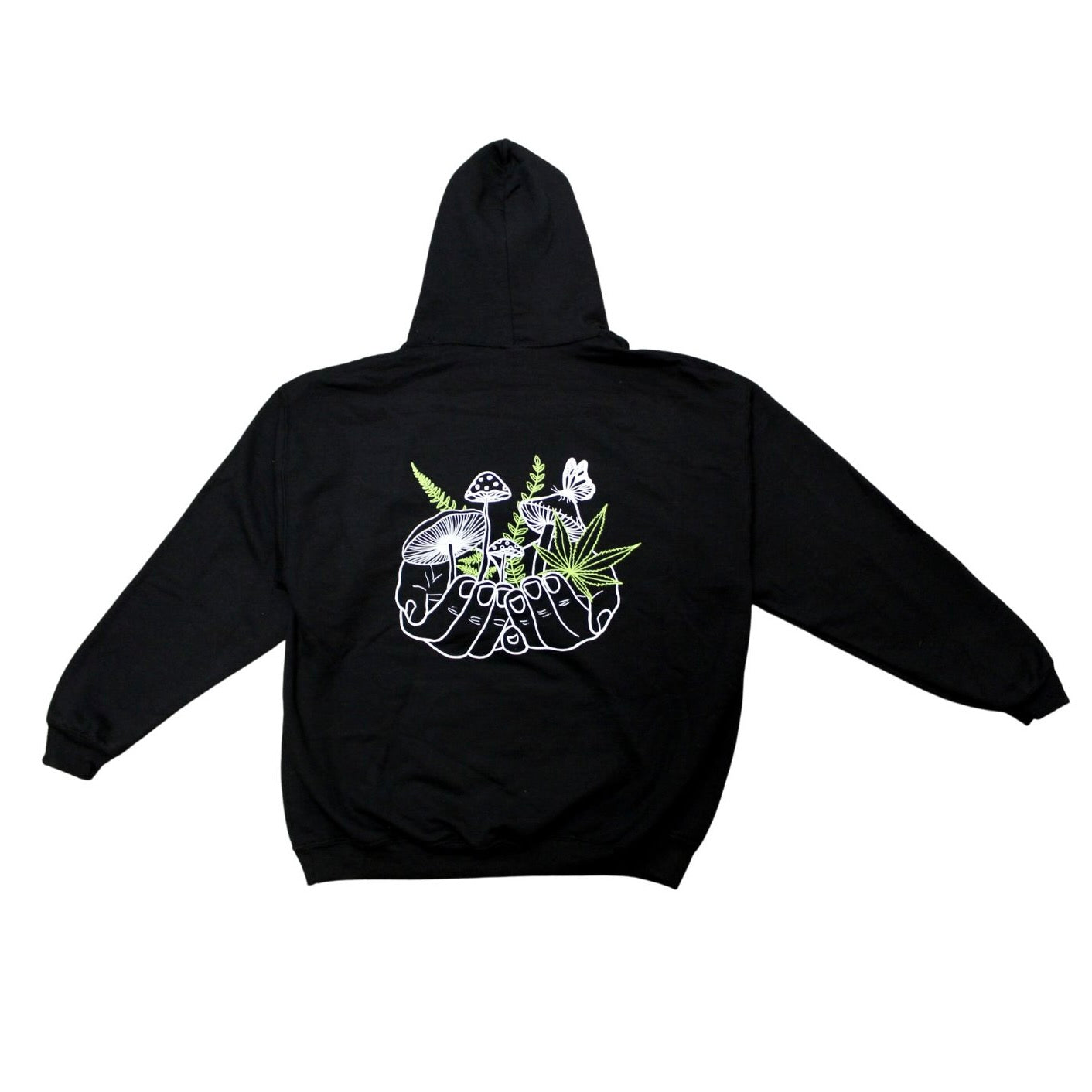 black hoodie with green and white mushroom design on white background
