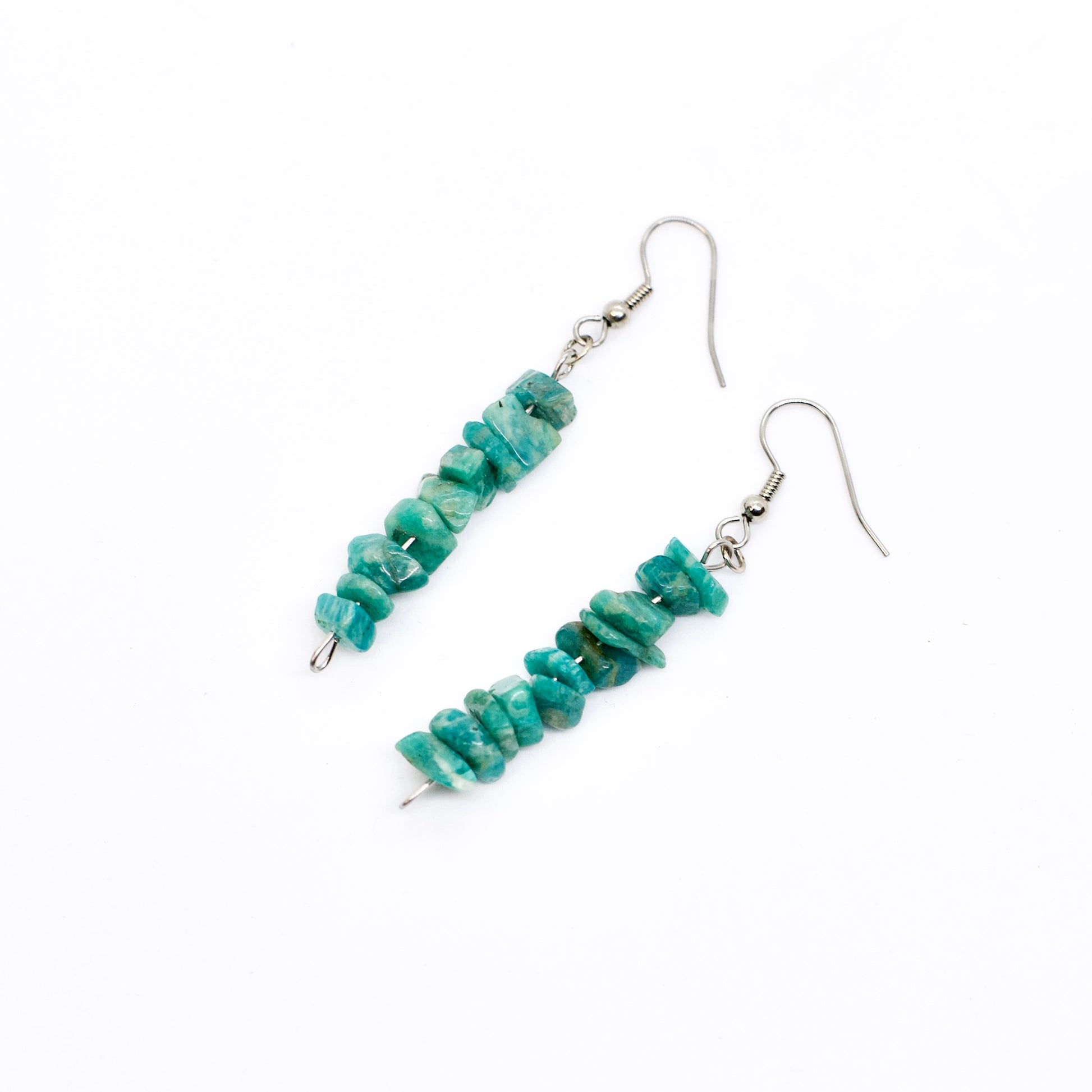 close up of Amazonite gemstone earrings with silver earring hooks on white background