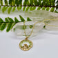 gold mushroom necklace with green cyrstal chips and gold chain