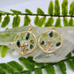 peridot and moss agate gold mushroom earrings displayed on crystal with plant background 