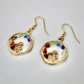close up of chakra mushroom earring with crystals on white background